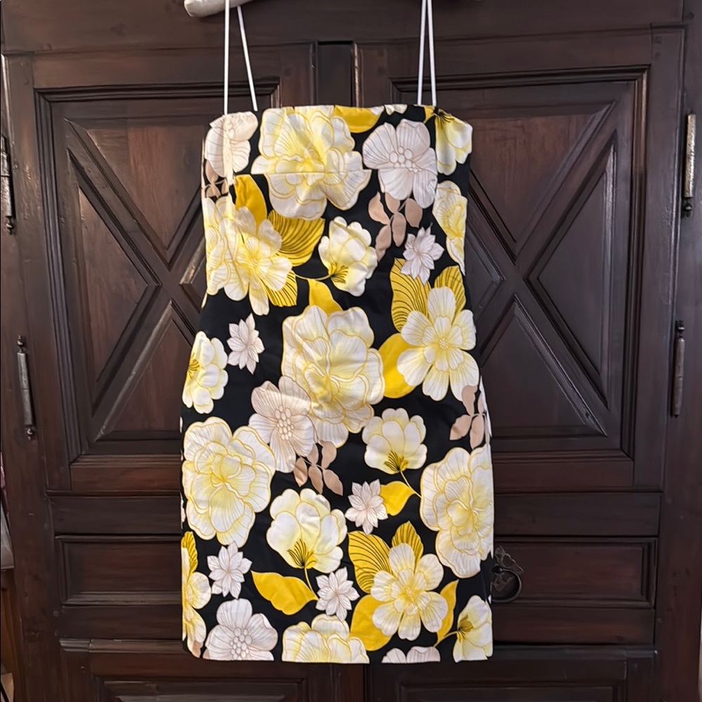 Cache Yellow and White Strapless Sheath Dress